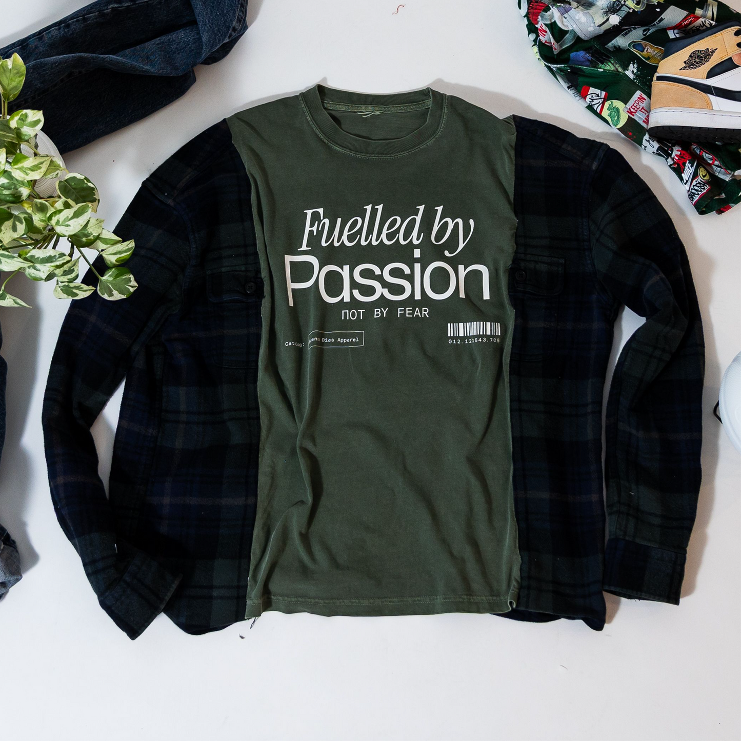 Upcycled Fuelled By Passion Oversized Flannel T-Shirt - Medium